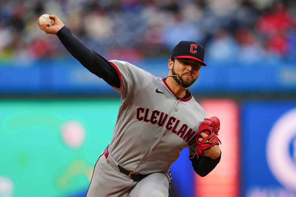 Cleveland Guardians pitcher Slade Cecconi throws during the first inning of a baseball game against the Philadelphia Phillies, Saturday, May 23, 2026, in Philadelphia. (AP Photo/Derik Hamilton)