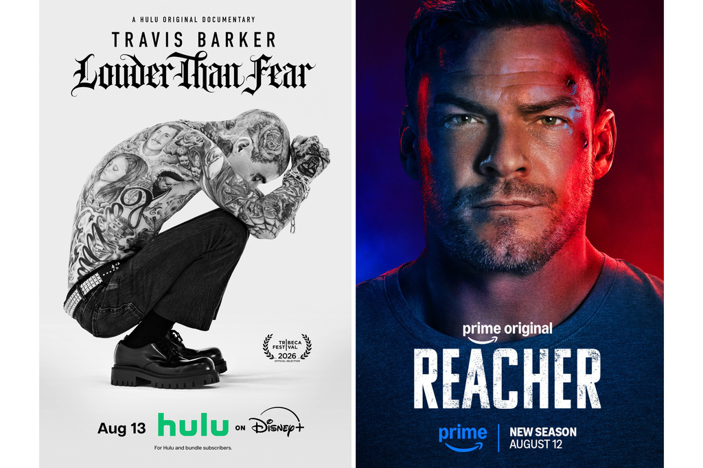 This combination of images show promotional art for "Travis Barker: Louder Than Fear," left, and "Reacher." (Hulu via AP, left, and Prime via AP)