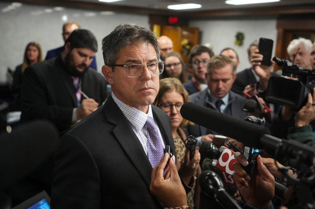 FILE - Indiana Senate President Pro Tem Rodric Bray takes a question after a bill to redistrict the state's congressional map was defeated, Thursday, Dec. 11, 2025, at the Statehouse in Indianapolis. (AP Photo/Michael Conroy, File)