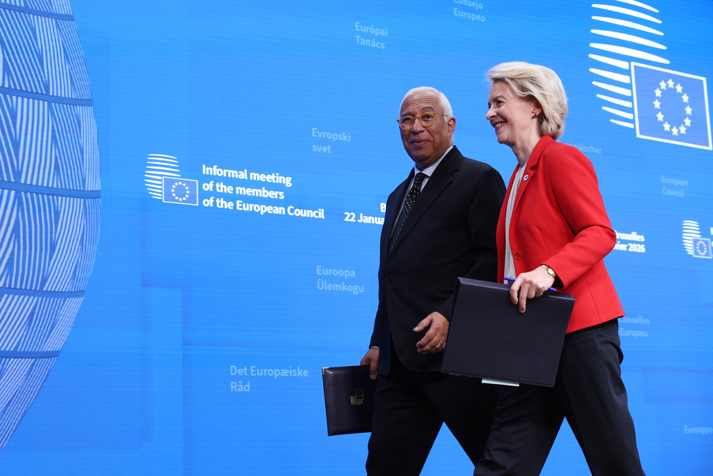 European Council President Antonio Costa, left, and European Commission President Ursula von der Leyen leave the podium after addressing a media conference at the end of the EU summit in Brussels, Friday, Jan. 23, 2026. (AP Photo/Omar Havana)