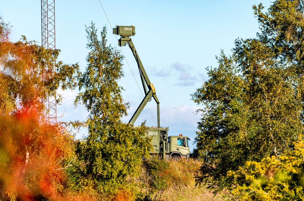 A mobile radar installation is seen at the Danish military site on Amager, Pionegaarden, near the village of Dragoer and on the coast of Oresund, the sea between Denmark and Sweden, on Friday, Sept. 26, 2025. (Steven Knap/Ritzau Scanpix via AP)
