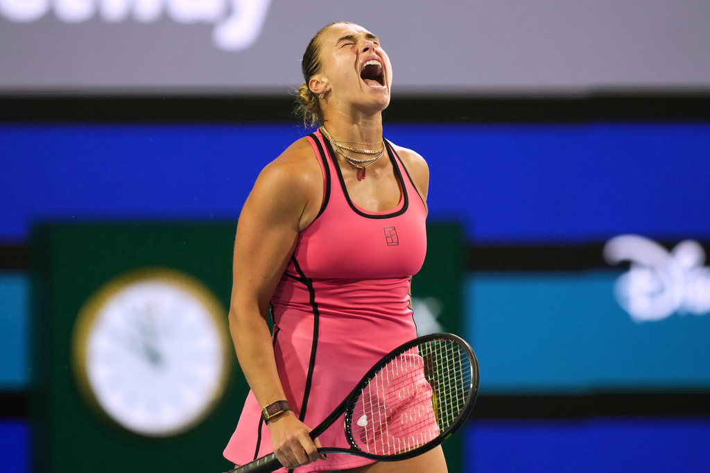 Aryna Sabalenka reacts after defeating Elena Rybakina of Kazakhstan during a semifinal match at the Miami Open tennis tournament, Thursday, March 26, 2026, in Miami Gardens, Fla. (AP Photo/Marta Lavandier)