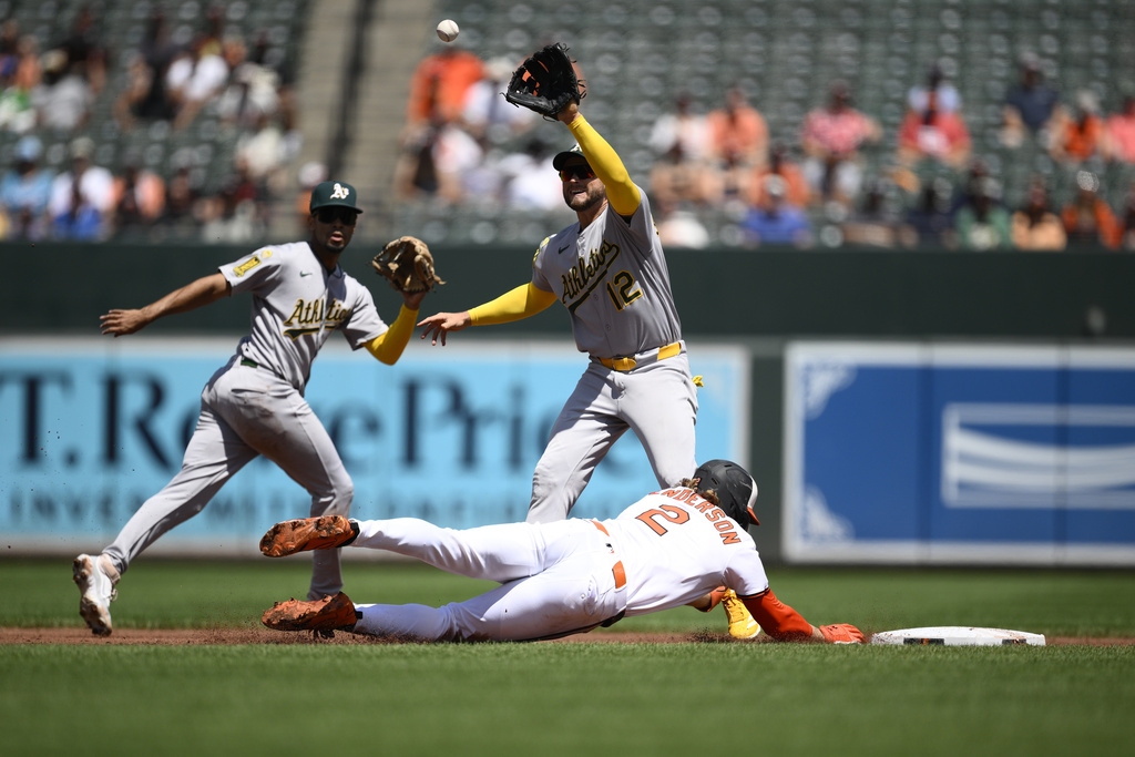 Baltimore Orioles' Gunnar Henderson (2) dives back safely to second base against Athletics second baseman Max Schuemann (12) and shortstop Darell Hernaiz, top left, on a pick off attempt during the first inning of a baseball game, Sunday, Aug. 10, 2025, in Baltimore. (AP Photo/Nick Wass)