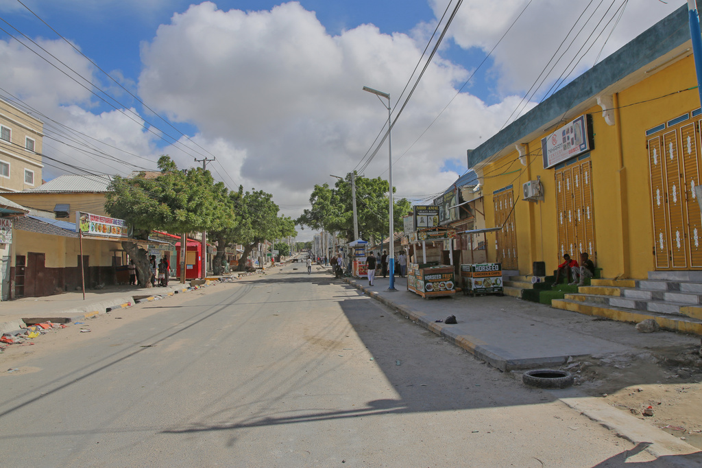 An empty street with closed shops is seen after supporters of opposition political figures and state security forces clashed in Mogadishu, Somalia, Thursday, June 4, 2026. (AP Photo/Farah Abdi Warsameh)