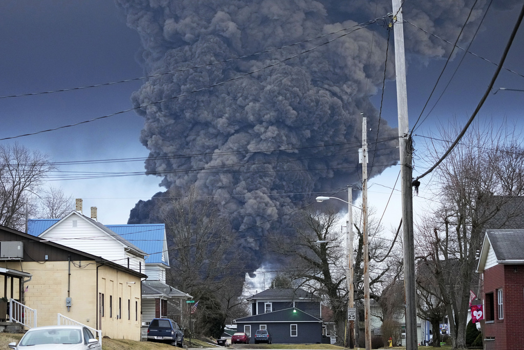 FILE - A black plume rises over East Palestine, Ohio, as a result of a controlled detonation of a portion of the derailed Norfolk Southern trains, Feb. 6, 2023. (AP Photo/Gene J. Puskar, file)