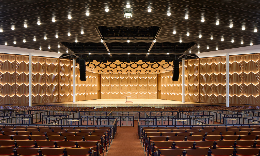 This image released by Ravinia shows the interior of the renovated Hunter Pavilion in Highland Park, Ill., on July 1, 2026. (Dave Burk/Ravinia via AP)