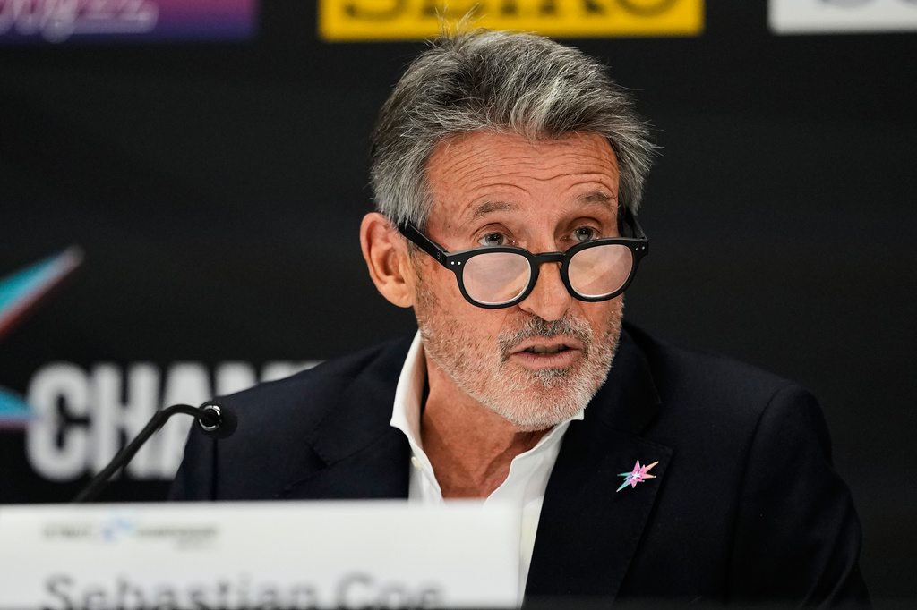 World Athletics President Sebastian Coe speaks during a news conference marking the formal opening of the World Athletics Ultimate Championship in Budapest, Hungary, Thursday, Sept. 10, 2026. (AP Photo/Matthias Schrader)