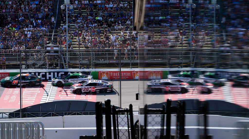 Drivers race during a NASCAR Cup Series auto race at Michigan International Speedway in Brooklyn, Mich., Sunday, June 7, 2026. (AP Photo/Paul Sancya)
