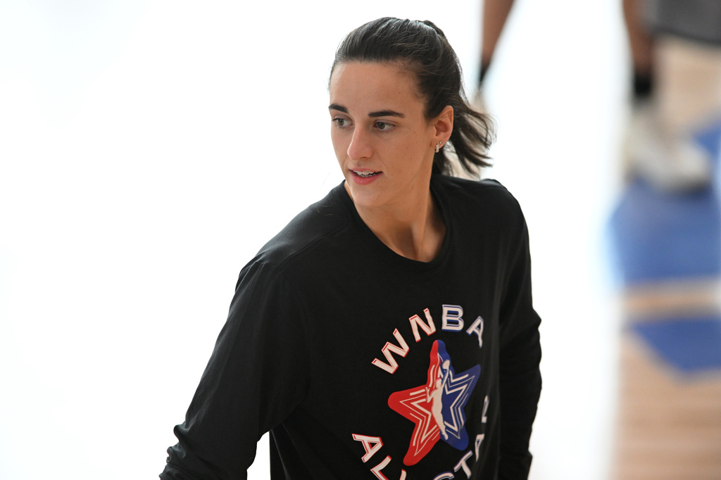 WNBA All Star Caitlin Clark looks on during practice at the Obama Presidential Center in Chicago, Friday, July 24, 2026. (AP Photo/Paul Beaty)