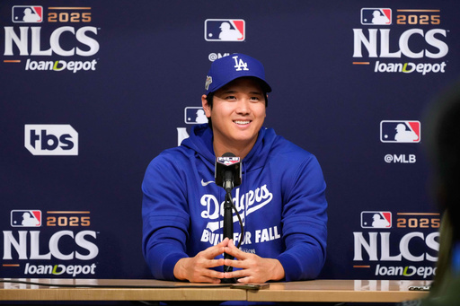 Los Angeles Dodgers' Shohei Ohtani speaks during a news conference ahead of Game 3 of baseball's National League Championship Series against the Milwaukee Brewers, Wednesday, Oct. 15, 2025, in Los Angeles. (AP Photo/Mark J. Terrill) Los Angeles Dodgers' Shohei Ohtani speaks during a news conference ahead of Game 3 of baseball's National League Championship Series against the Milwaukee Brewers, Wednesday, Oct. 15, 2025, in Los Angeles. (AP Photo/Mark J. Terrill)