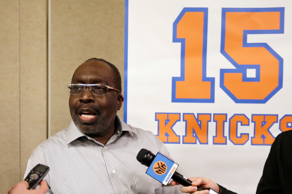 FILE - New York Knicks Hall-of-Famer Earl Monroe responds to questions during an interview before an NBA basketball game between the Knicks and the Milwaukee Bucks, Friday, April 5, 2013, in New York. (AP Photo/Frank Franklin II, File)