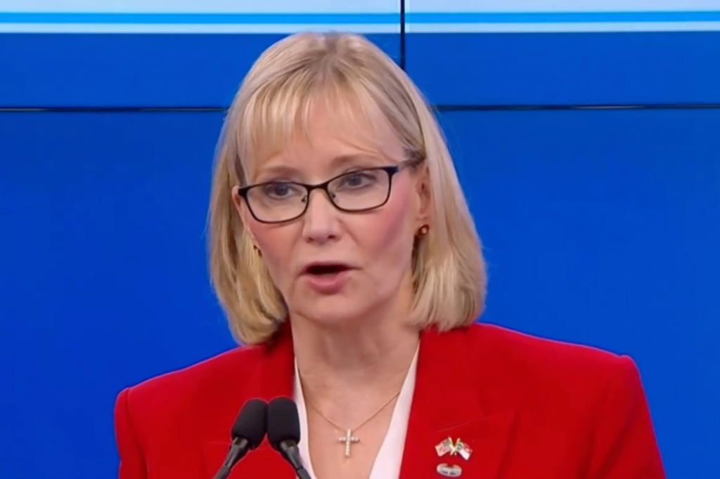 In this image from video provided by WNCT, Laurie Buckhout speaks during a debate with Republican candidates running in the primary for North Carolina’s Congressional District 1, in Greenville, N.C., Thursday, Feb. 19, 2026. (WNCT via AP)