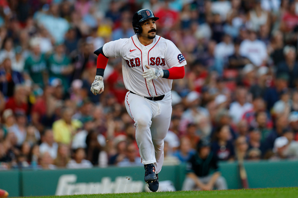 Boston Red Sox designated hitter Mickey Gasper watches his three run home run during the sixth inning of a baseball game against the Arizona Diamondbacks Wednesday, Aug. 19, 2026, in Boston. (AP Photo/CJ Gunther)