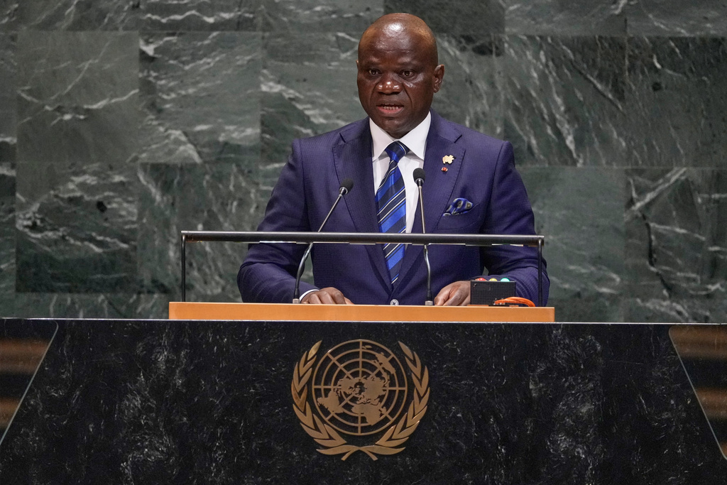 Gabon President Brice Clotaire Oligui Nguema addresses the 80th session of the United Nations General Assembly, Thursday, Sept. 25, 2025. (AP Photo/Richard Drew)