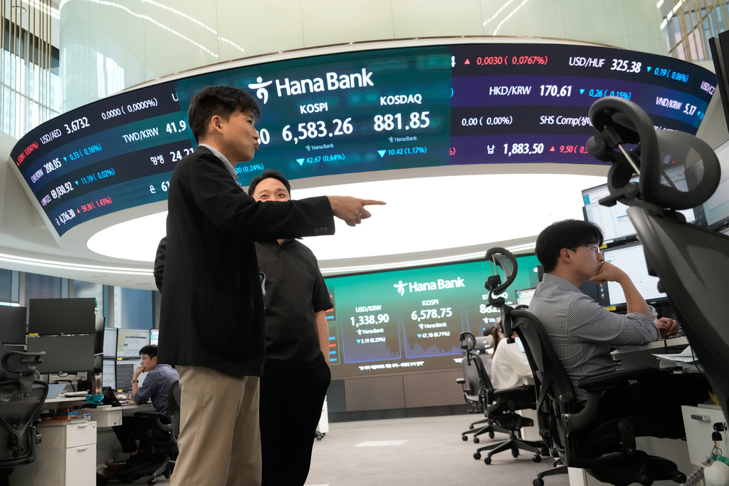 Currency traders work at the foreign exchange dealing room of the Hana Bank headquarters in Seoul, South Korea, Monday, Oct. 12, 2026. (AP Photo/Ahn Young-joon)