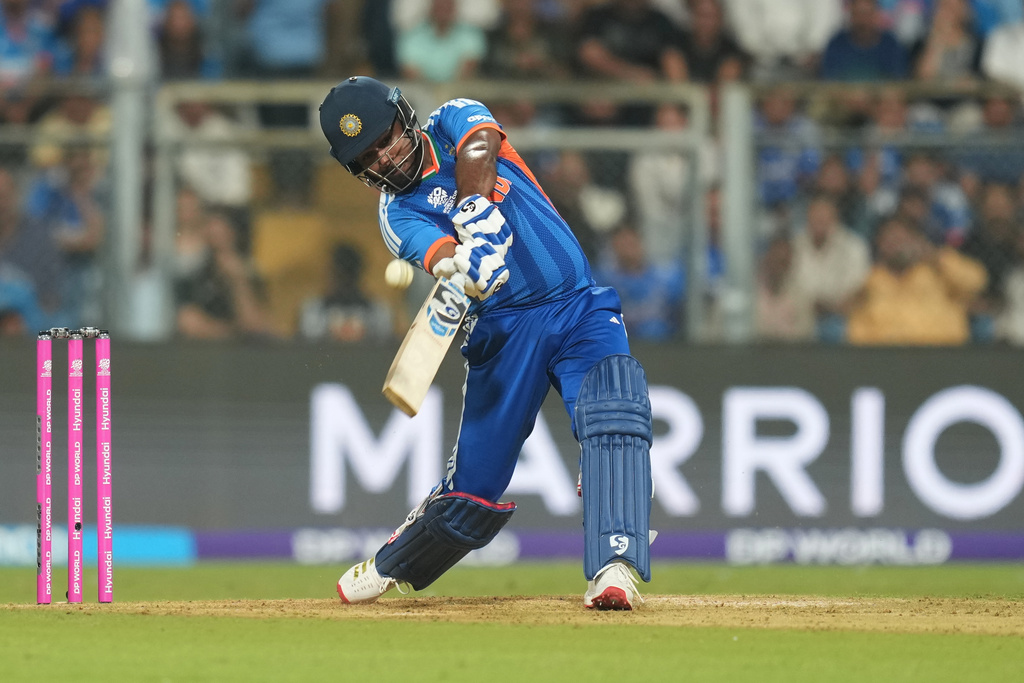 India's Sanju Samson plays a shot during the T20 World Cup cricket semi-final match between India and England in Mumbai, India, Thursday, March 5, 2026. (AP Photo/Rafiq Maqbool)