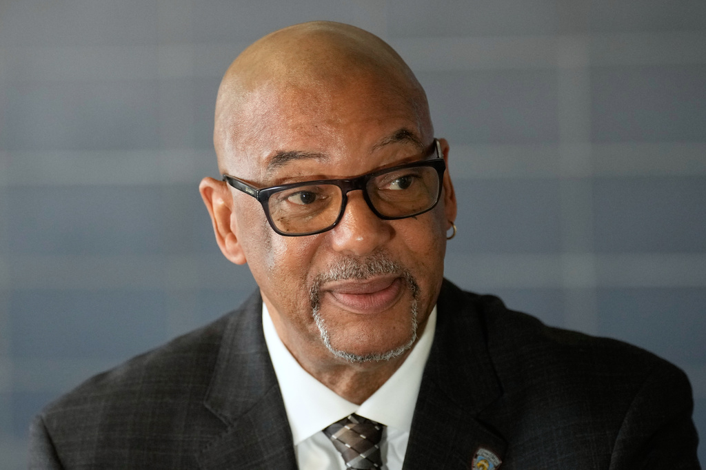 Stanley Richards, NYC Department of Correction commissioner talks to a reporters in the housing unit where he was previously incarcerated on Rikers Island in New York, Tuesday, April 14, 2026. (AP Photo/Seth Wenig)