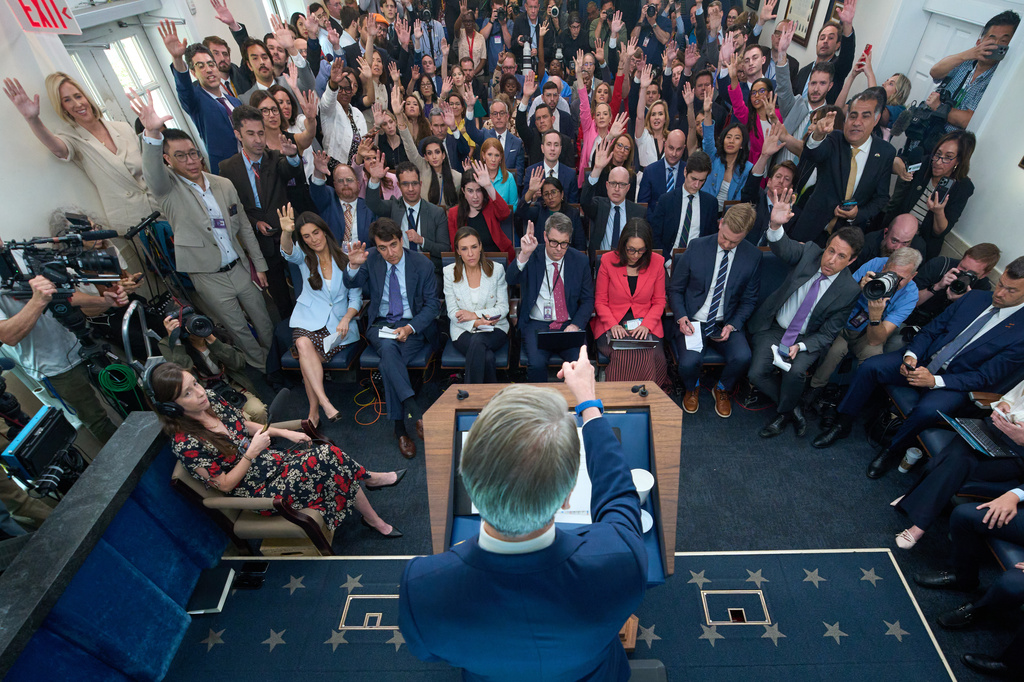 Treasury Secretary Scott Bessent calls on a reporter in the James Brady Press Briefing Room at the White House, Thursday, May 28, 2026, in Washington. (AP Photo/Jacquelyn Martin)