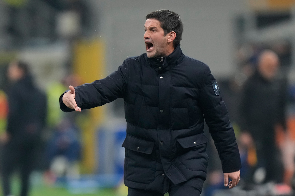 Inter Milan's head coach Cristian Chivu gives instructions during the Serie A soccer match between Inter Milan and Lecce in Milan, Italy, Wednesday, Jan. 14, 2026. (AP Photo/Luca Bruno)