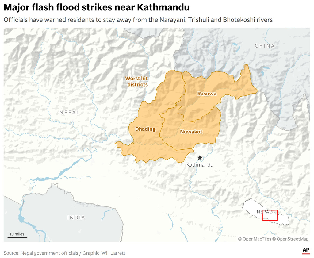 A map showing districts impacted by a flash flood in Nepal. (AP Digital Embed)