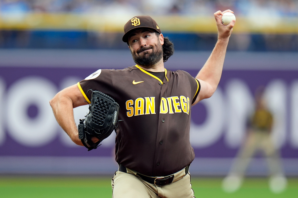 San Diego Padres pitcher Robbie Ray delivers to the Tampa Bay Rays during the first inning of a baseball game Sunday, Aug. 30, 2026, in St. Petersburg, Fla. (AP Photo/Chris O'Meara)
