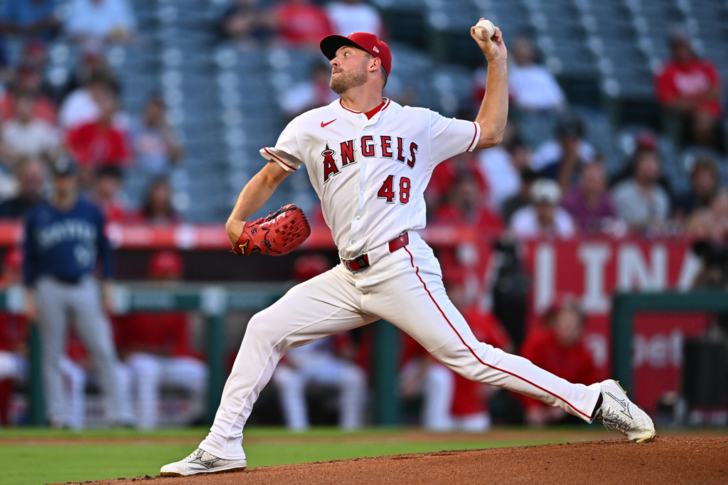 Los Angeles Angels pitcher Reid Detmers delivers during the first inning of a baseball game against the Seattle Mariners, Monday, Sept. 14, 2026, in Anaheim, Calif. (AP Photo/William Liang)