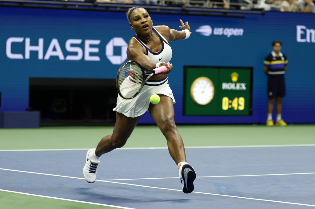 Serena Williams, of the United States, hits a return as she plays a women's doubles match with partner Venus Williams against Hao-Ching Chan, of Taiwan, and Maya Joint, at the U.S. Open tennis championships, Friday, Sept. 4, 2026, in New York. (AP Photo/Adam Hunger)