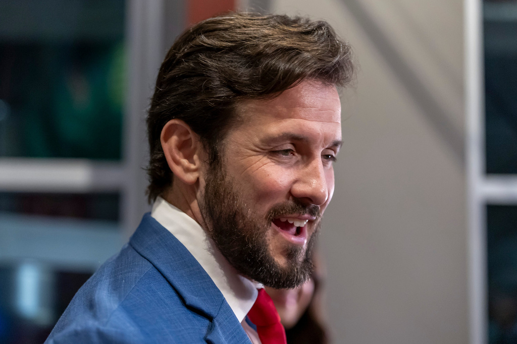 Republican candidate for U.S. Senate Jared Hudson visits with the media at his runoff election night watch party, Tuesday, June 16, 2026, in Hoover, Ala. (AP Photo/Vasha Hunt)