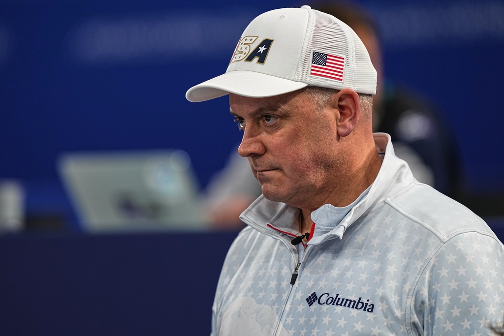 United States' Rich Ruohonen watches the men's curling round robin session against Canada, at the 2026 Winter Olympics, in Cortina d'Ampezzo, Italy, Friday, Feb. 13, 2026. (AP Photo/Fatima Shbair)