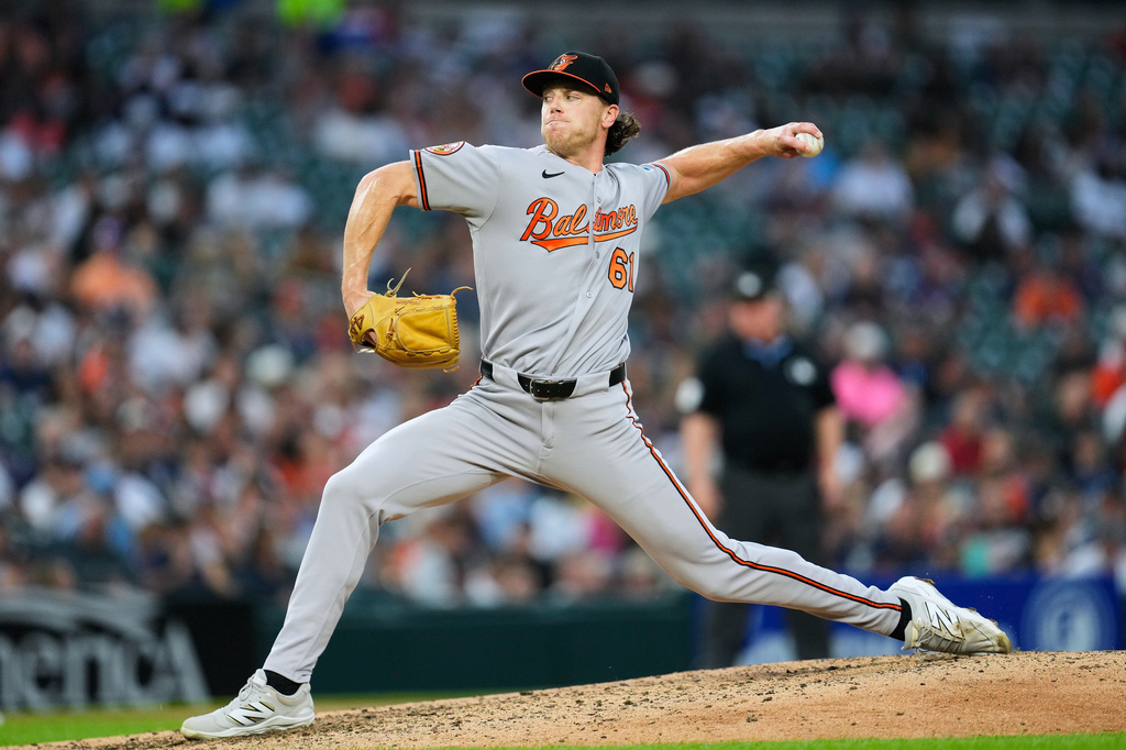 Baltimore Orioles pitcher Josh Walker throws against the Detroit Tigers during the seventh inning of a baseball game Tuesday, July 28, 2026, in Detroit. (AP Photo/Paul Sancya)