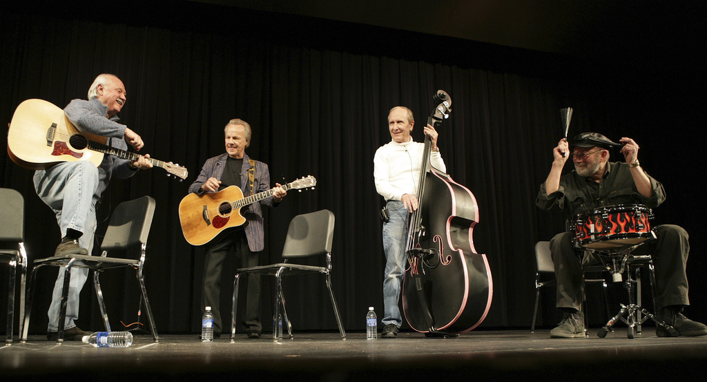 FILE - From left, Sonny Curtis, Bobby Vee, Joe B. Maudlin and Jerry J.I. Allison perform at the Stillman auditorium in Clear Lake, Iowa on Friday Jan. 30, 2009. (AP Photo/The Globe-Gazette, Teresa Prince, File)
