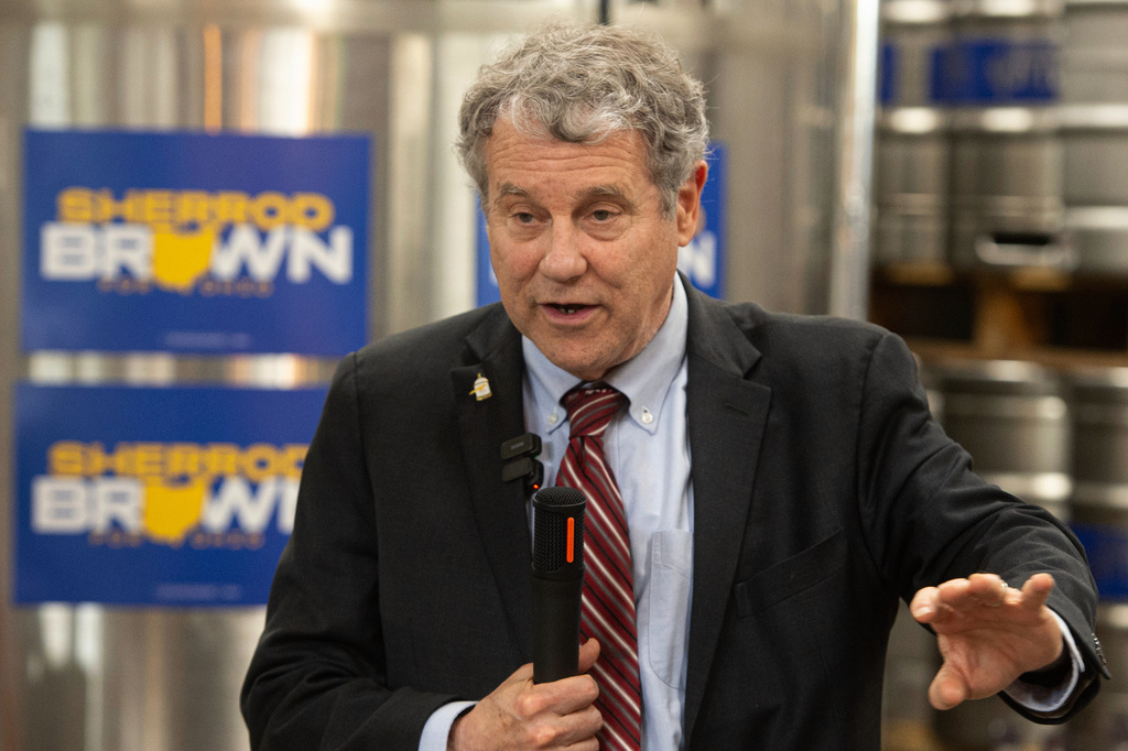 Former Democratic Sen. Sherrod Brown speaks during a campaign event ahead of primary elections at the Paladin Brewery in Austintown, Ohio, Thursday, April, 30, 2026. (AP Photo/Phil Long)