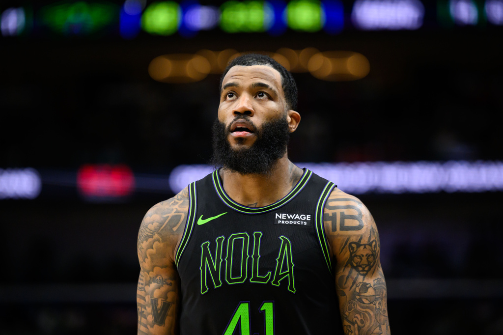 FILE - New Orleans Pelicans guard-forward Saddiq Bey (41) stands in the first half against the Orlando Magic in an NBA basketball game in New Orleans, Sunday, April 5, 2026. (AP Photo/Ella Hall, file)