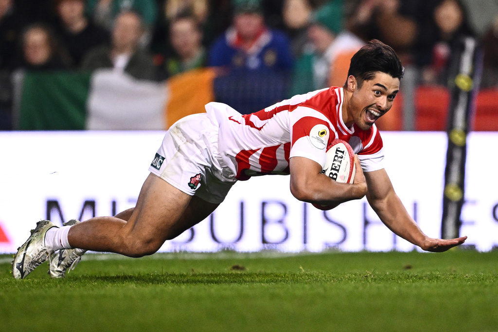 Taira Main of Japan reacts as he scores a try during the Nations Championship rugby international between Japan and Ireland in Newcastle, Australia, Saturday, July 11, 2026. (Dan Himbrechts/AAP Image via AP)