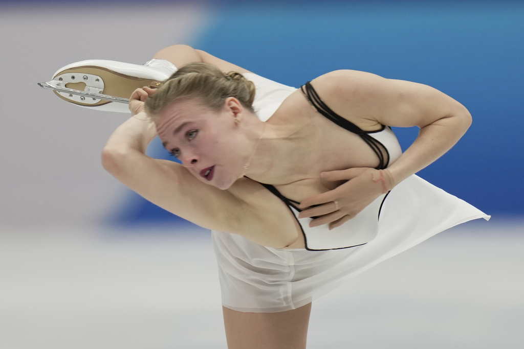 Anastasiia Gubanova, of Georgia, performs during the women's free skating program at the ISU Skate to Milano figure skating qualifier, Saturday, Sept. 20, 2025, in Beijing, China. (AP Photo/Mahesh Kumar A.)