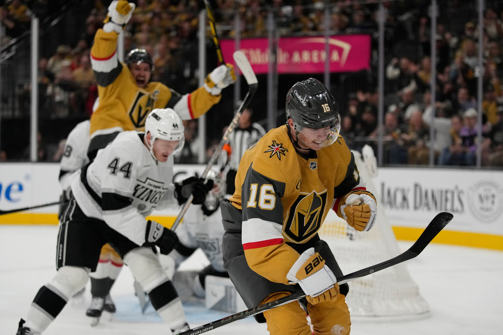 Vegas Golden Knights right wing Pavel Dorofeyev (16) celebrates after scoring against the Los Angeles Kings during the second period of an NHL hockey game Wednesday, Oct. 8, 2025, in Las Vegas. (AP Photo/John Locher)