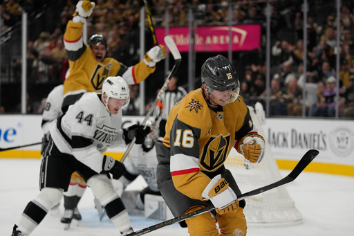 Vegas Golden Knights right wing Pavel Dorofeyev (16) celebrates after scoring against the Los Angeles Kings during the second period of an NHL hockey game Wednesday, Oct. 8, 2025, in Las Vegas. (AP Photo/John Locher) Vegas Golden Knights right wing Pavel Dorofeyev (16) celebrates after scoring against the Los Angeles Kings during the second period of an NHL hockey game Wednesday, Oct. 8, 2025, in Las Vegas. (AP Photo/John Locher)