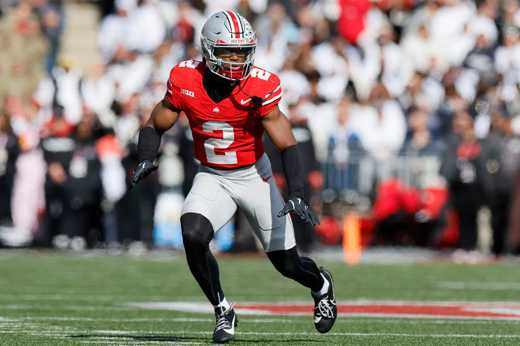 FILE - Ohio State defensive back Caleb Downs plays against Penn State during an NCAA college football game, Saturday, Nov. 1, 2025, in Columbus, Ohio. (AP Photo/Jay LaPrete, File)