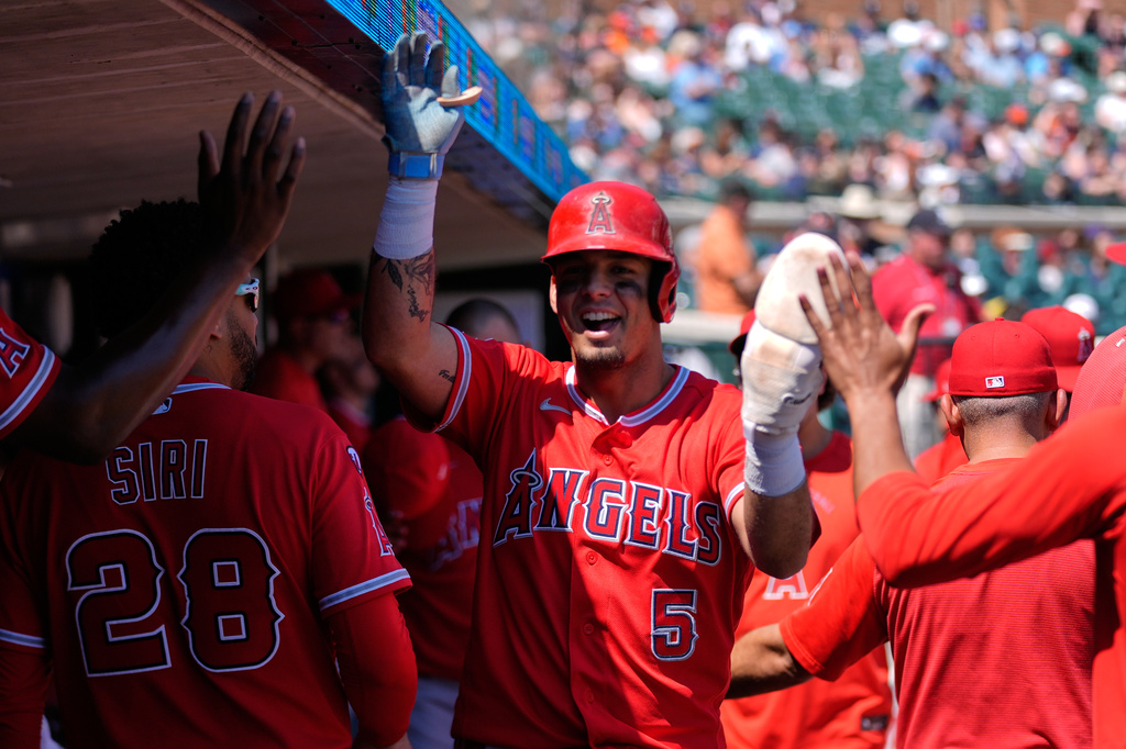 Los Angeles Angels' Vaughn Grissom (5) celebrates scoring against the Detroit Tigers during the eighth inning of a baseball game Thursday, May 28, 2026, in Detroit. (AP Photo/Paul Sancya)