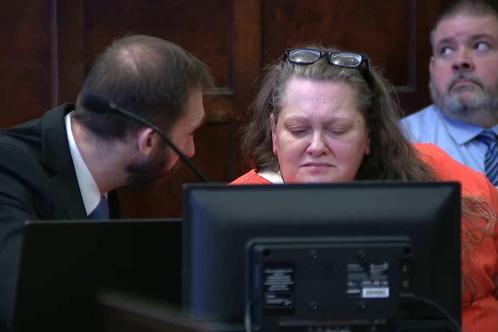 In this photo taken from video provided by WCHS-TV, Julie Miller is shown at her sentencing Wednesday, Feb. 25, 2026, in Madison, W.Va. (WCHS-TV via AP)