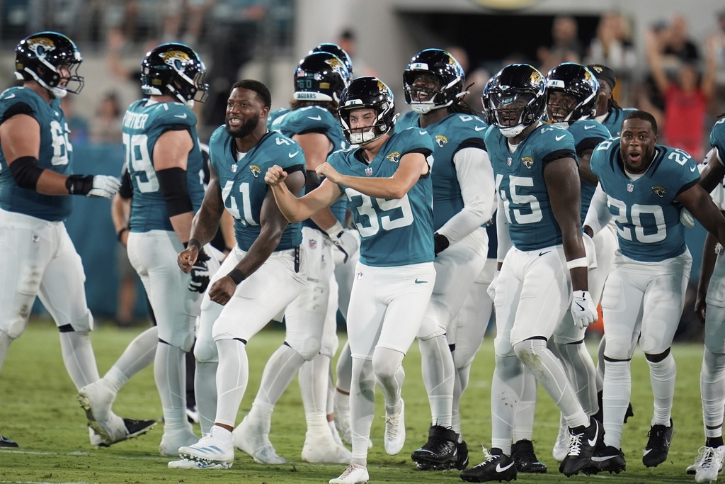 Jacksonville Jaguars place kicker Cam Little (39) celebrates a field goal during the first half of an NFL preseason football game against the Pittsburgh Steelers, Saturday, Aug. 9, 2025, in Jacksonville, Fla. (AP Photo/John Raoux)
