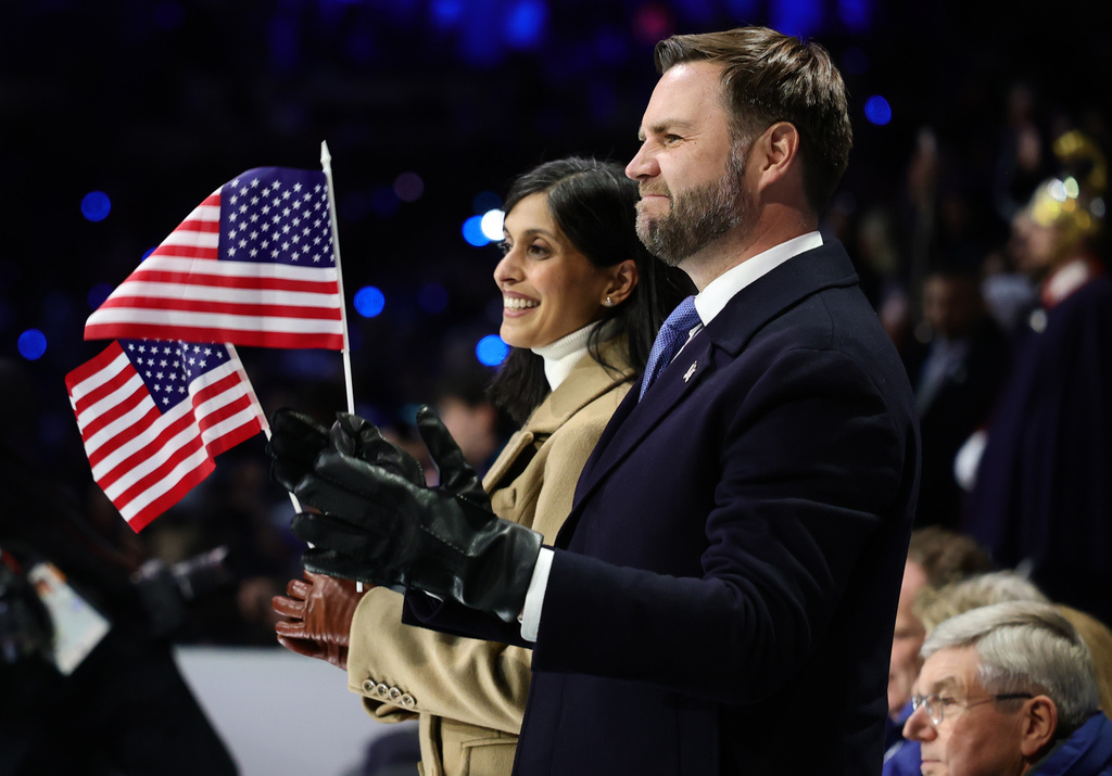 US Vice President JD Vance and second lady Usha Vance attend the Olympic opening ceremony at the 2026 Winter Olympics, in Milan, Italy, Friday, Feb. 6, 2026. (Andreas Rentz/Pool Photo via AP)