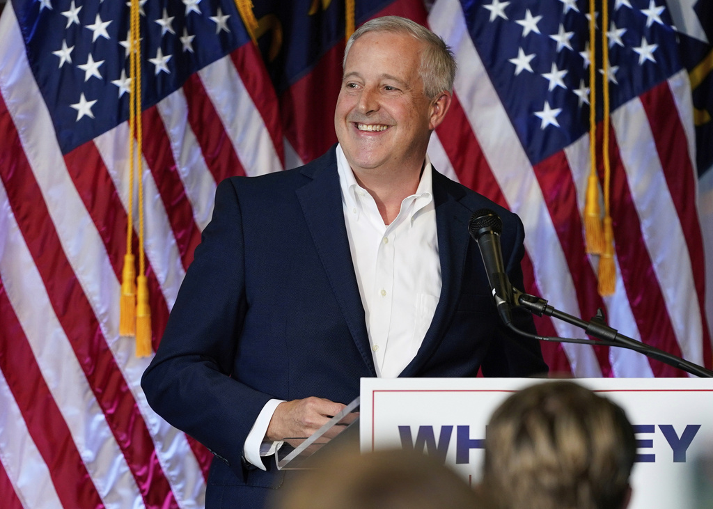 FILE - Republican National Committee Chairman Michael Whatley speaks during his campaign launch event for North Carolina's open U.S. Senate seat, July 31, 2025, in Gastonia, N.C. (AP Photo/Erik Verduzco, File)