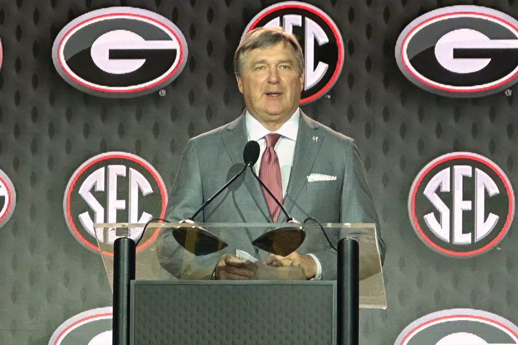 Georgia Head Coach Kirby Smart discusses upcoming football season at the SEC Media Days, Tuesday, July 21, 2026 in Tampa, Fla. (Hunter Dawkins/The Gazebo Gazette via AP)