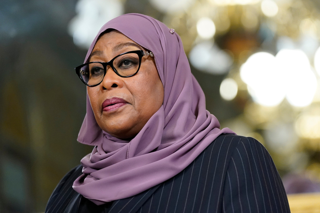 FILE - Tanzania's President Samia Suluhu Hassan appears in the Eisenhower Executive Office Building on the White House campus on April 15, 2022, in Washington. (AP Photo/Patrick Semansky, File)