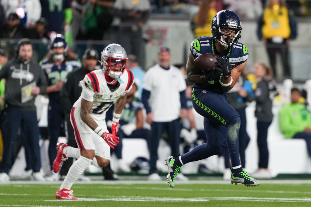 Seattle Seahawks wide receiver Jaxon Smith-Njigba (11) makes a catch during the second half of the NFL Super Bowl 60 football game against the New England Patriots, Sunday, Feb. 8, 2026, in Santa Clara, Calif. (AP Photo/Matt Slocum)