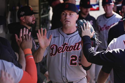 Detroit Tigers starting pitcher Tarik Skubal celebrates in the dugout after leaving the game in the eighth inning of Game 1 of the American League Wild Card baseball playoff series against the Cleveland Guardians in Cleveland, Tuesday, Sept. 30, 2025. (AP Photo/Sue Ogrocki) Detroit Tigers starting pitcher Tarik Skubal celebrates in the dugout after leaving the game in the eighth inning of Game 1 of the American League Wild Card baseball playoff series against the Cleveland Guardians in Cleveland, Tuesday, Sept. 30, 2025. (AP Photo/Sue Ogrocki)