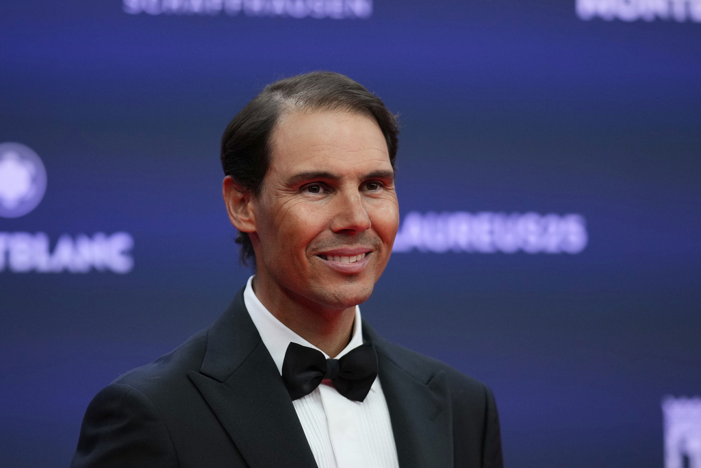 FILE - Rafael Nadal of Spain, poses during the 2025 Laureus World Sports Awards in Madrid, Spain, Monday, April 21, 2025. (AP Photo/Manu Fernandez, File)