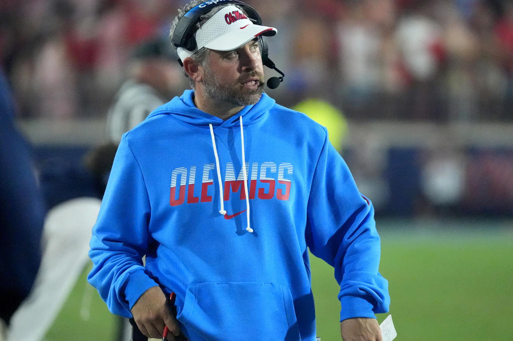 Mississippi head coach Pete Golding calls out to his team during the second half of an NCAA college football game against LSU in Oxford, Miss., Saturday, Sept. 19, 2026. (AP Photo/Rogelio V. Solis)