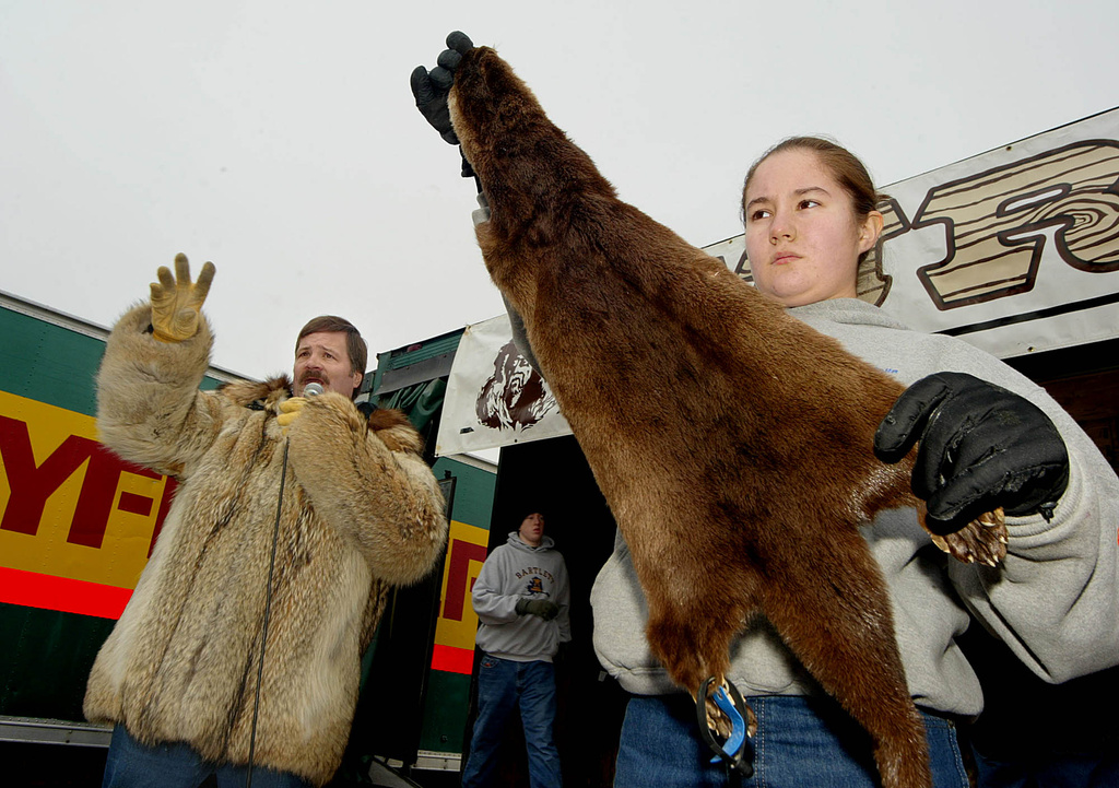 FILE - Gloriella Curtis holds up a river otter hide as Steve Childs calls off the bids during the Fur Rendezvous annual auction in Anchorage, Alaska, Feb. 29, 2004. (AP Photo/Al Grillo, File)